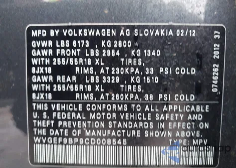 2012 Volkswagen Touareg Vr6 Sport из США, поврежденный, VIN WVGEF9BP9CD008545